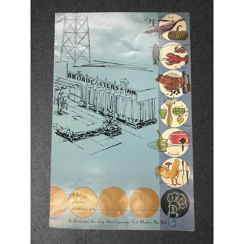 Vintage The Broadcasters Inn Menu Placemat Fresh Meadows Queens NY Mid Century